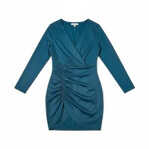 Fourteenth Place New Metallic Long Sleeve Ruched Surplice Mini Dress Teal Medium